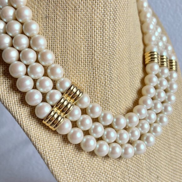 3-Strand Faux Pearl Necklace with Gold Tone Accents - Picture 2 of 6